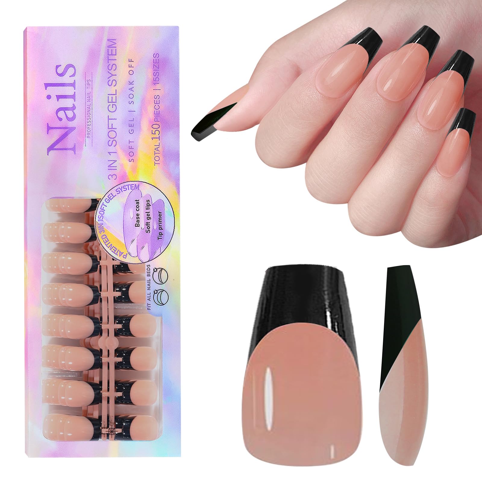 French Gel Nail Tips, 150pcs Medium Coffin Press on Soft Gel Fake Nails, 3 in 1 X-coat Pre-Applied Tip Primer & Base Coat, 15 Sizes for DIY Nail Extension, No Filing Required (HJ-NT087-No.12)