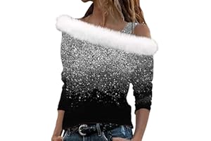 DGZTWLL Merry Christmas Shirts for Women Sparkly Tree Long Sleeve Faux Fur Off Shoulder Sequin Tops Snowflake Holiday Shirts