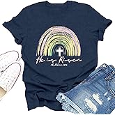 Dabon Christian Shirts for Women He is Risen T-Shirt Cross Rainbow Jesus Faith Tee Tops