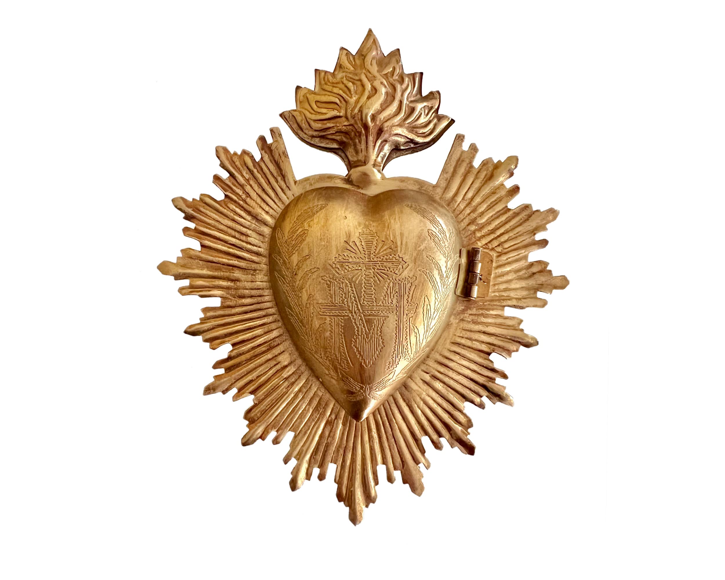Photo 1 of The Queen of Crowns Sacred Heart, Metal Milagro, Heart Box, Ex Voto, Prayer Holder (Antique Gold)