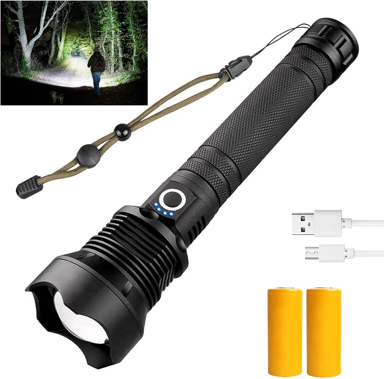 MIXILIN Rechargeable LED Flashlight, 90000 High Lumen Flashlights with 26650 Battery, 3 Modes Super Bright Tactical Flashlight Zoomable Water Resistant Flashlight for Camping Hiking Emergency - - 