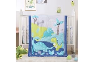 Wowelife Dinosaur Mini Crib Bedding Set for Boys Blue Premium 3-Piece Baby Bedding Sheet Set Dinosaurs Nursery Crib Set Crib Comforter Set Breathable and Soft for Baby