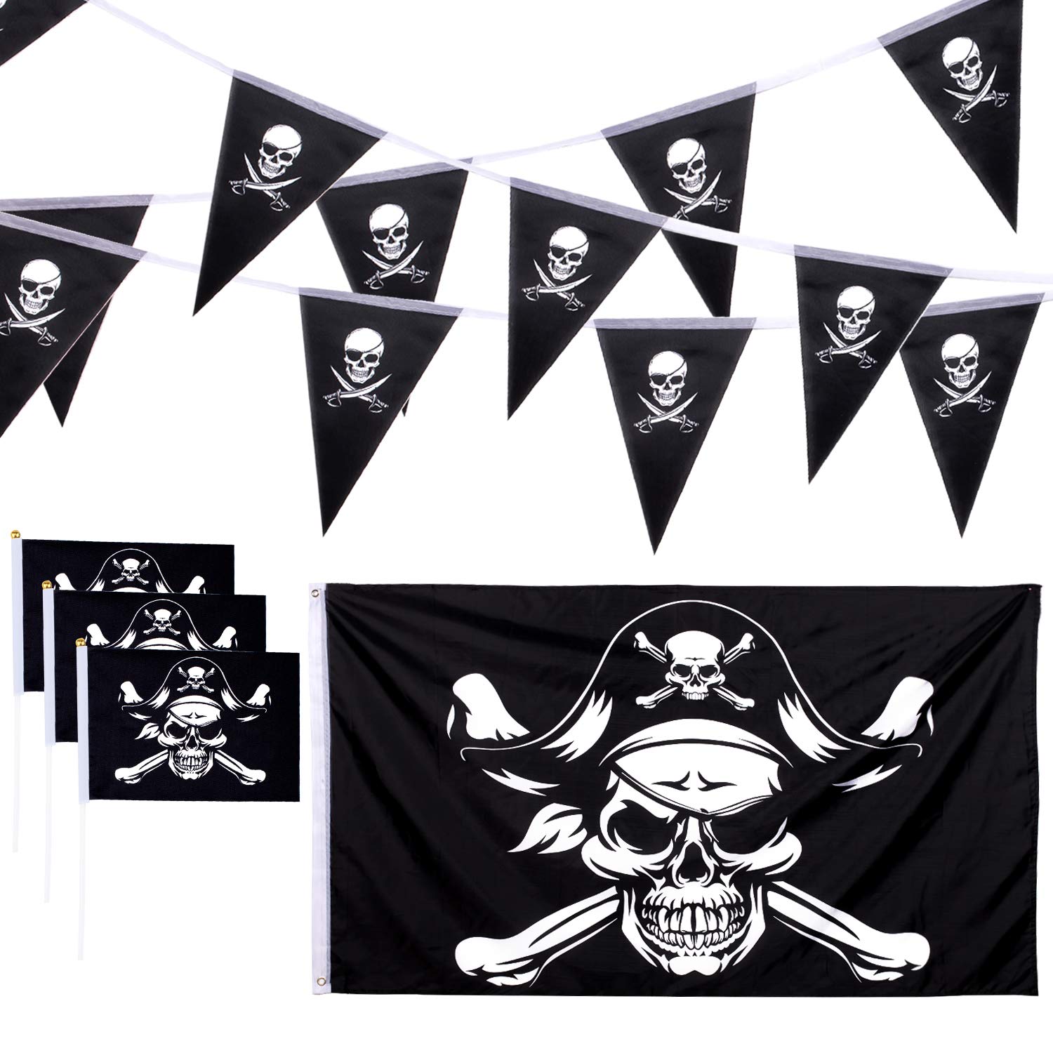 Whaline 12 Pack Halloween Skull Pirate Flag Set, 3x5ft Jolly Roger Flag, 19.7ft Pirate Bunting Banners and 10 Pieces Pirate Small Handheld Flags with Sticks for Halloween Pirate Party Decoration