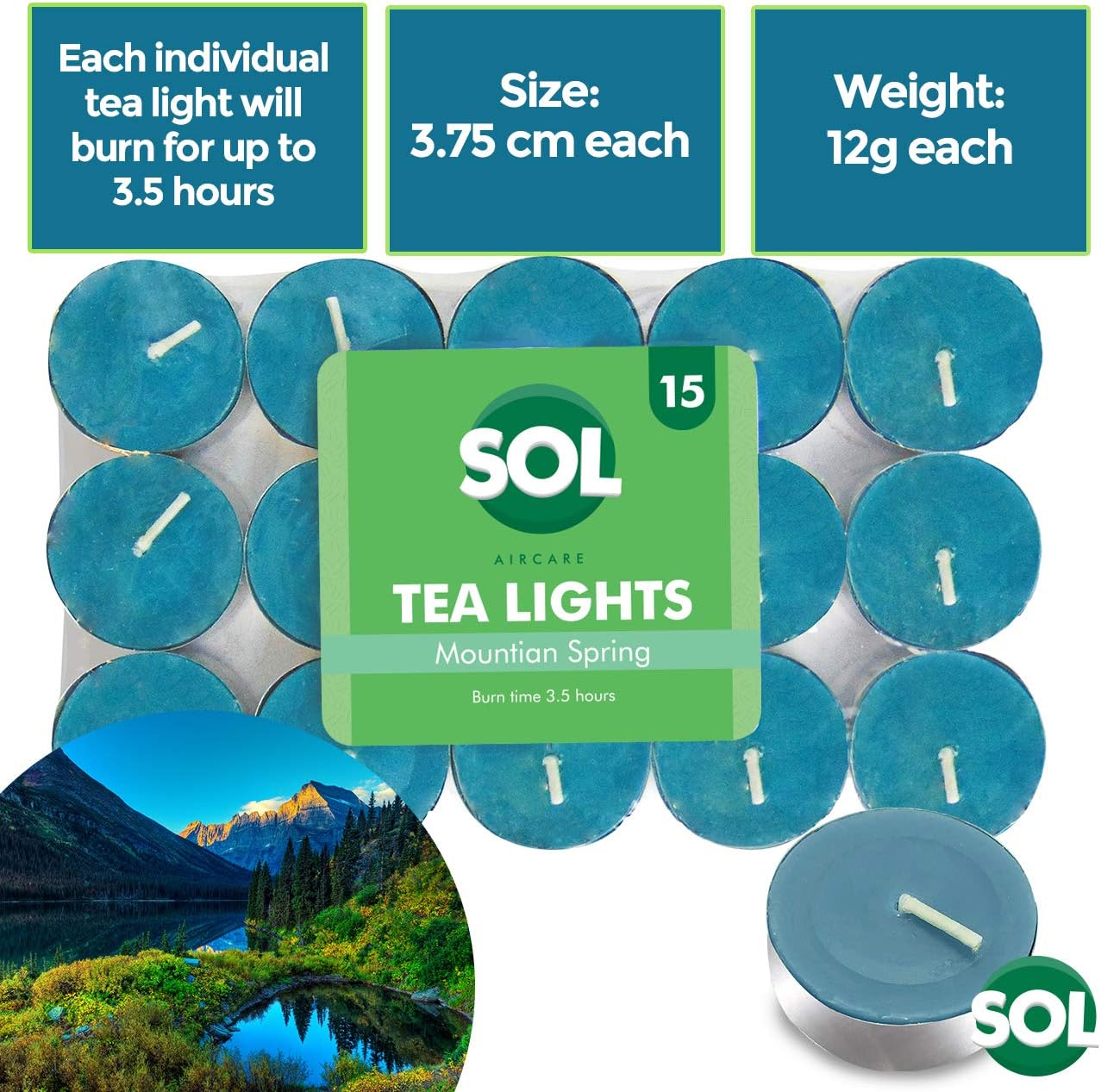 SOL 15pk Mountain Spring Scented Tea Light Candles Long Burning, 3.5 Hour Burn Time, Ideal for Home Relaxation, Spa, Massage - Image 4