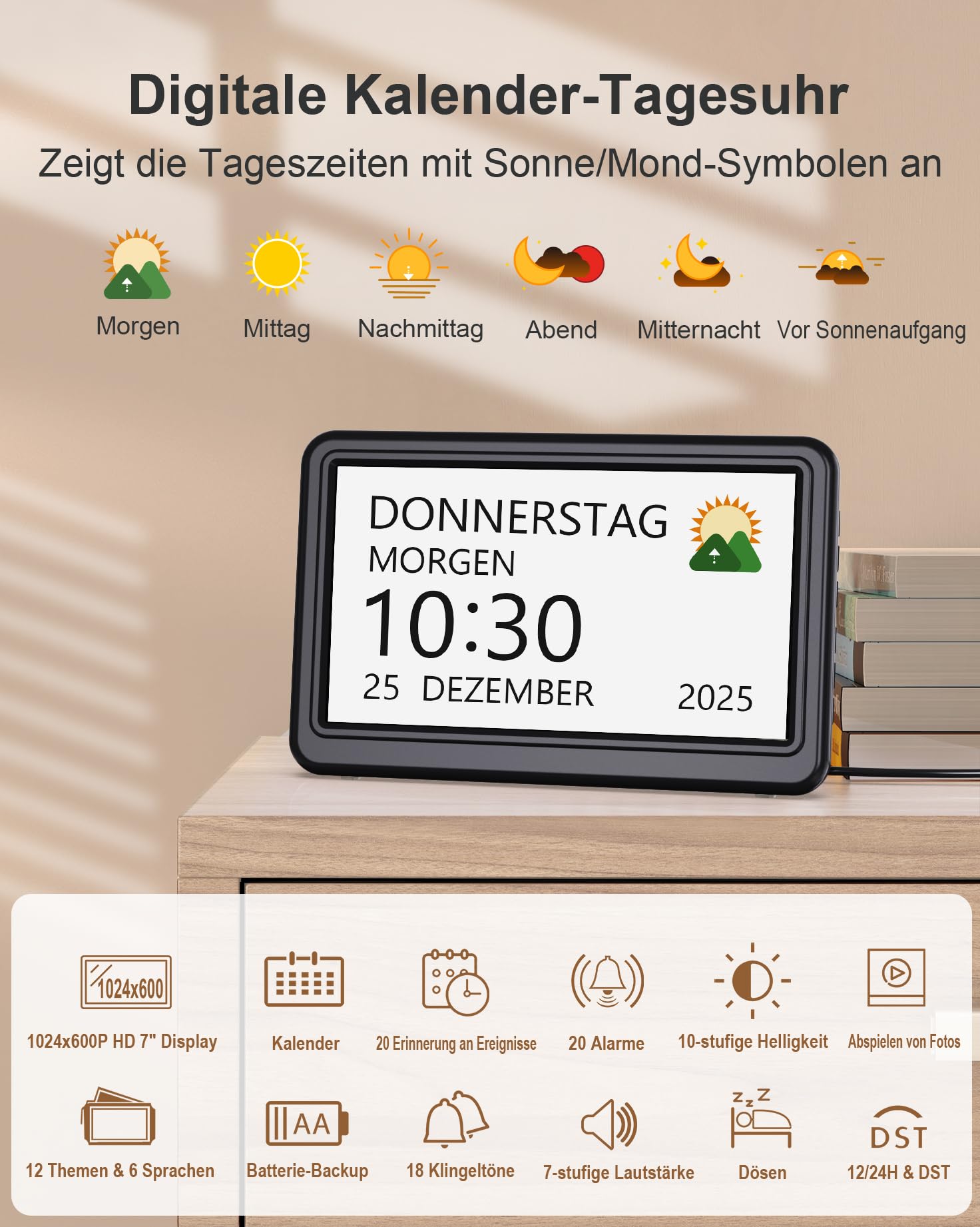 Roxicosly Digitaler Kalender, Elektronischer Tag Datum Wecker, Digital Uhr mit 20 Benutzerdefinierte Erinnerungen, 20 Wecker, 12 Themen, 10 Stufen Dimmer, 7 Zoll, Demenz Uhr für Senioren (Netzbetrieb) 2