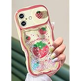 Toycamp for iPhone 16 Plus Case 6.7" - Women Girls Cute Phone Cover Strawberry with Sliding Camera Cover Girly Glitter Pretty Kawaii Design Unique Flowing Liquid Quicksand Case for iPhone 16 Plus