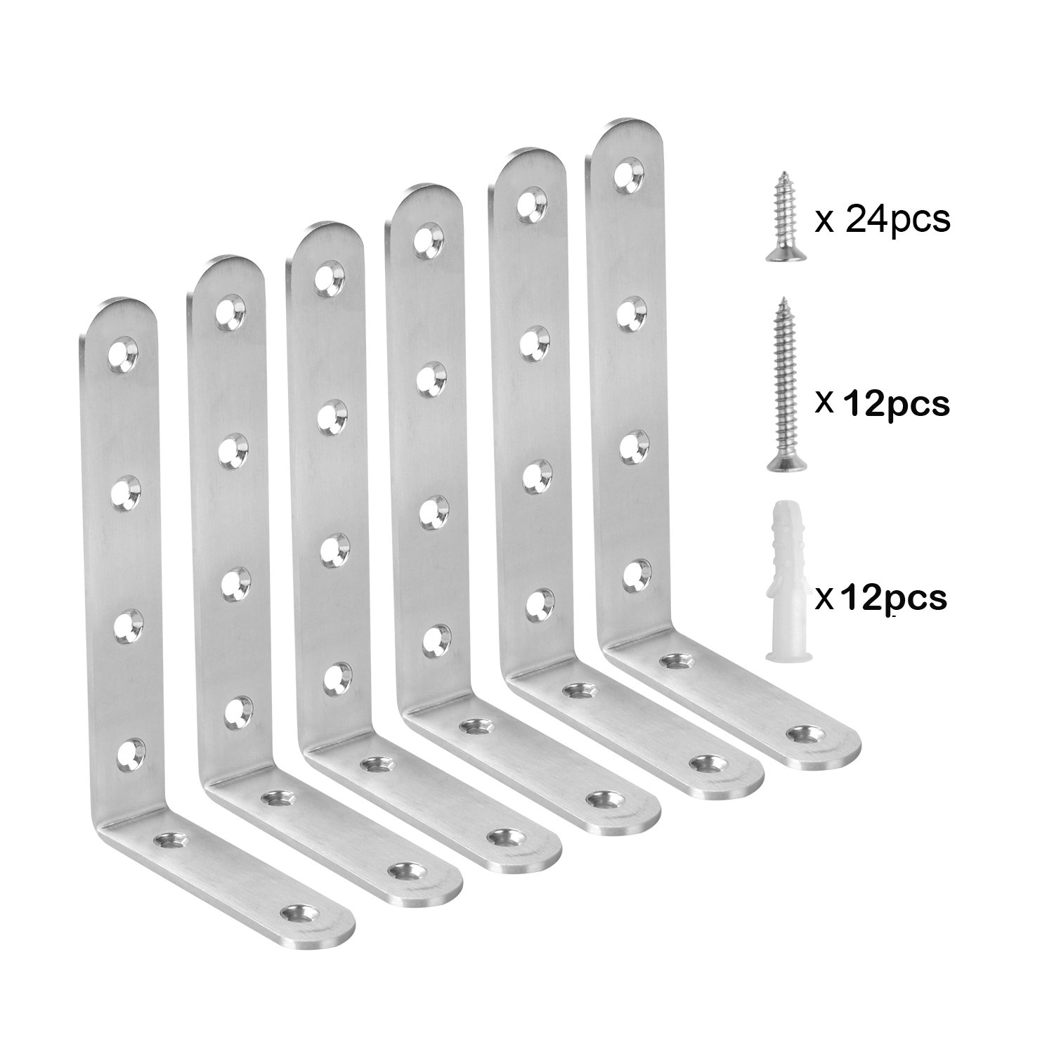 SANSUM Stainless Steel Shelf Brackets 5x3 inch 6Pcs L Shape Corner Brace Bracket Joint Angle Fastener Shelving Bookshelf Wall Mounted