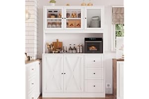 IRONTAR lrontar 70.9" Kitchen Pantry, Kitchen Hutchwith Microwave Stand & Charging Station,Farmhouse Tall Storage Cabinet withCountertop, Bar Cabinet with Drawers, Glass Doors, White
