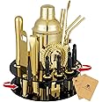 X-cosrack 19-Piece Bar Set, Gold Cocktail Shaker Set for Drink Mixing: Stainless Steel Bar Tools with Rotating Stand, Professional Bartender Kit for Home Bars, Parties