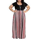 Nemidor Plus Size Maxi Dresses for Curvy Women Casual Short Sleeve Chevron Print Long Dress with Pocket 14-26