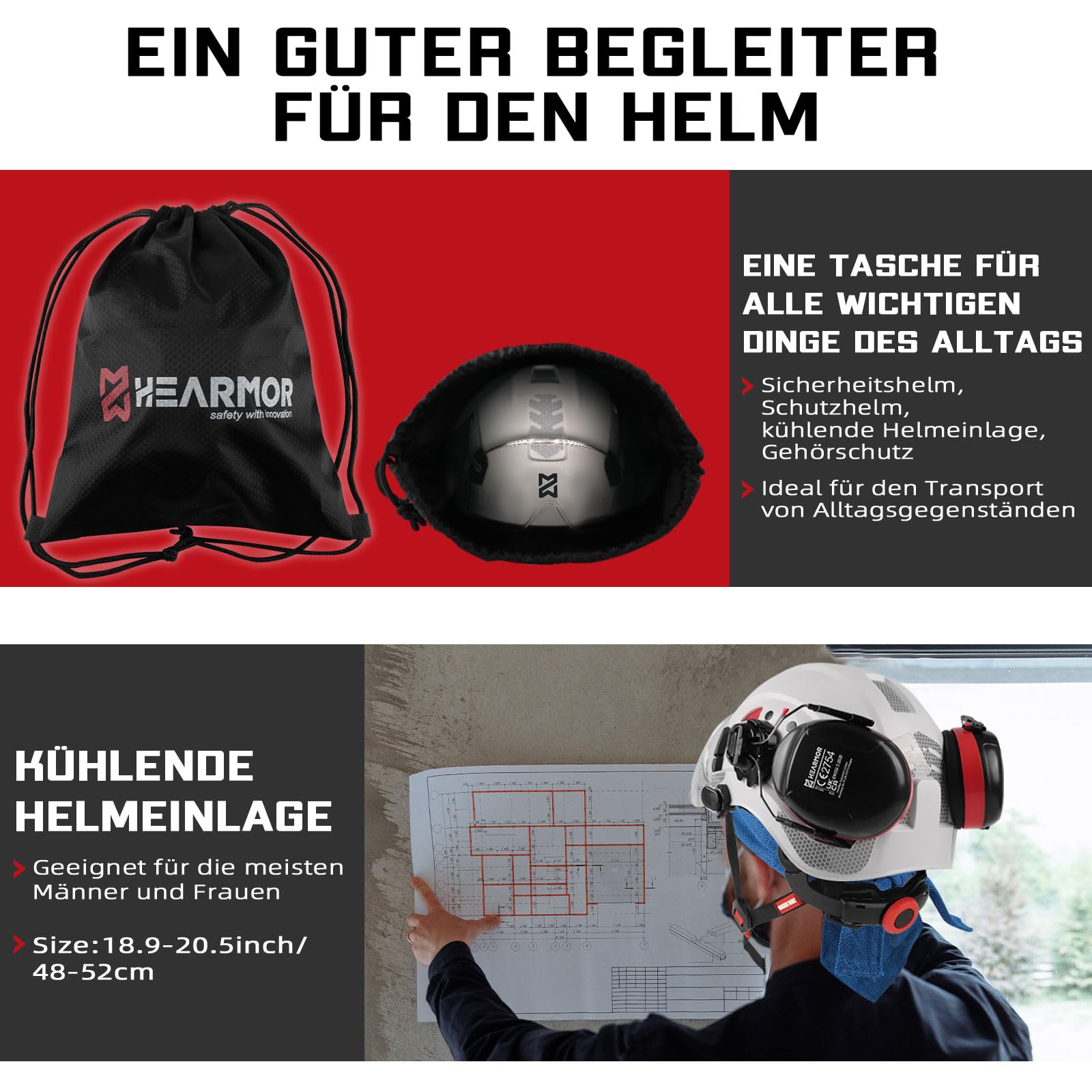 HEARMOR Schutzhelm mit Gehörschutz und Visier, EN 397 Zertifizierter Belüfteter Arbeitshelm, 6-Punkt-Aufhängung, Ideal für Industrie und Baugewerbe, Weiß 6