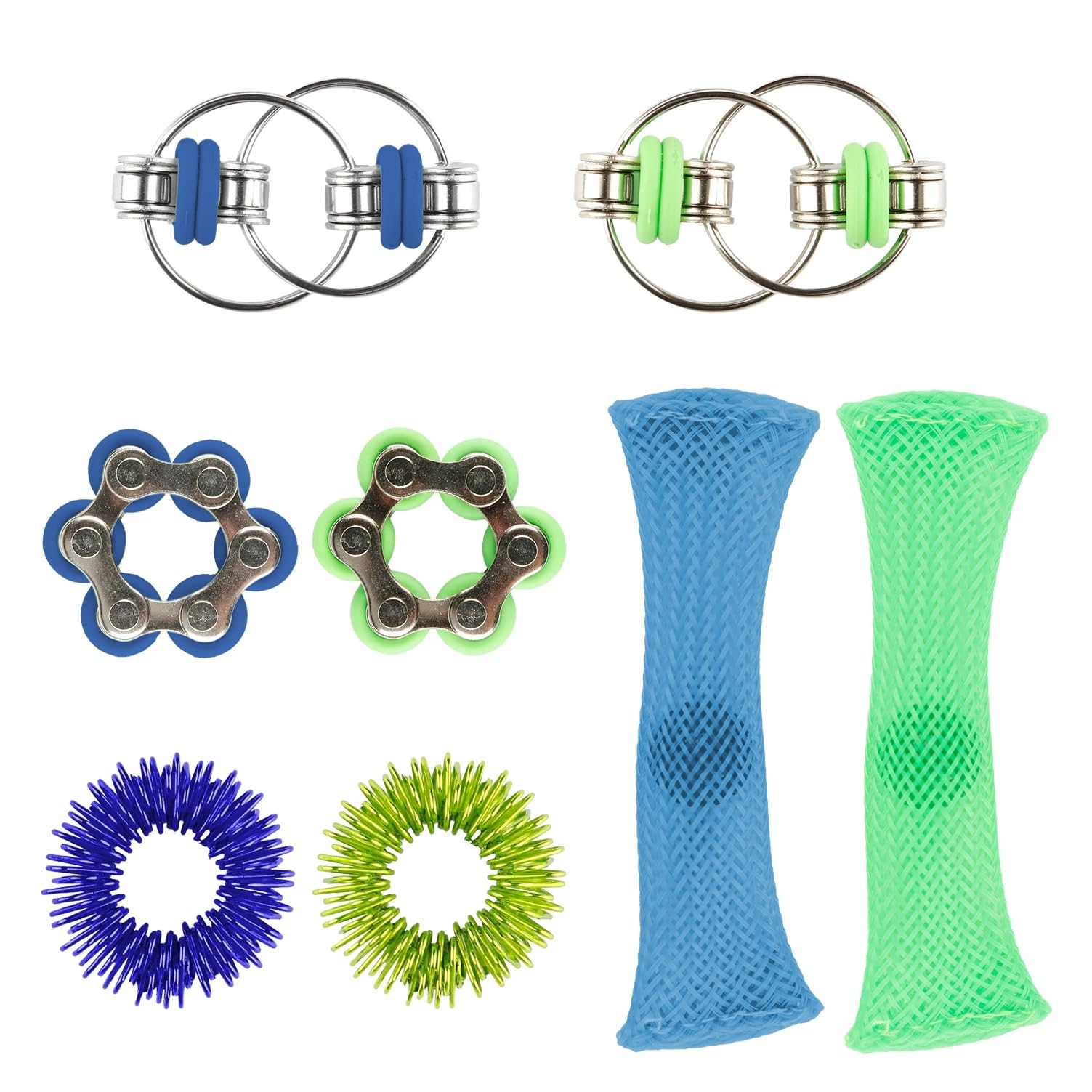 Tabanzhe 8PCS Decompression Fidget Sensory Six Roller Chain Infinite Flip Key Ring Set,Acupressure Stress Reducer Set,Anxiety Stress Relief for Adults (Blue,Green)