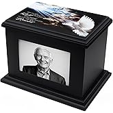 Cremation Urns for Human with Photo Frame, Urn for Ashes for Women, Wooden Urn for Ashes Adult Male, Keepsake Box Casket for Humans up to 260 lbs (Black, L, Dove)