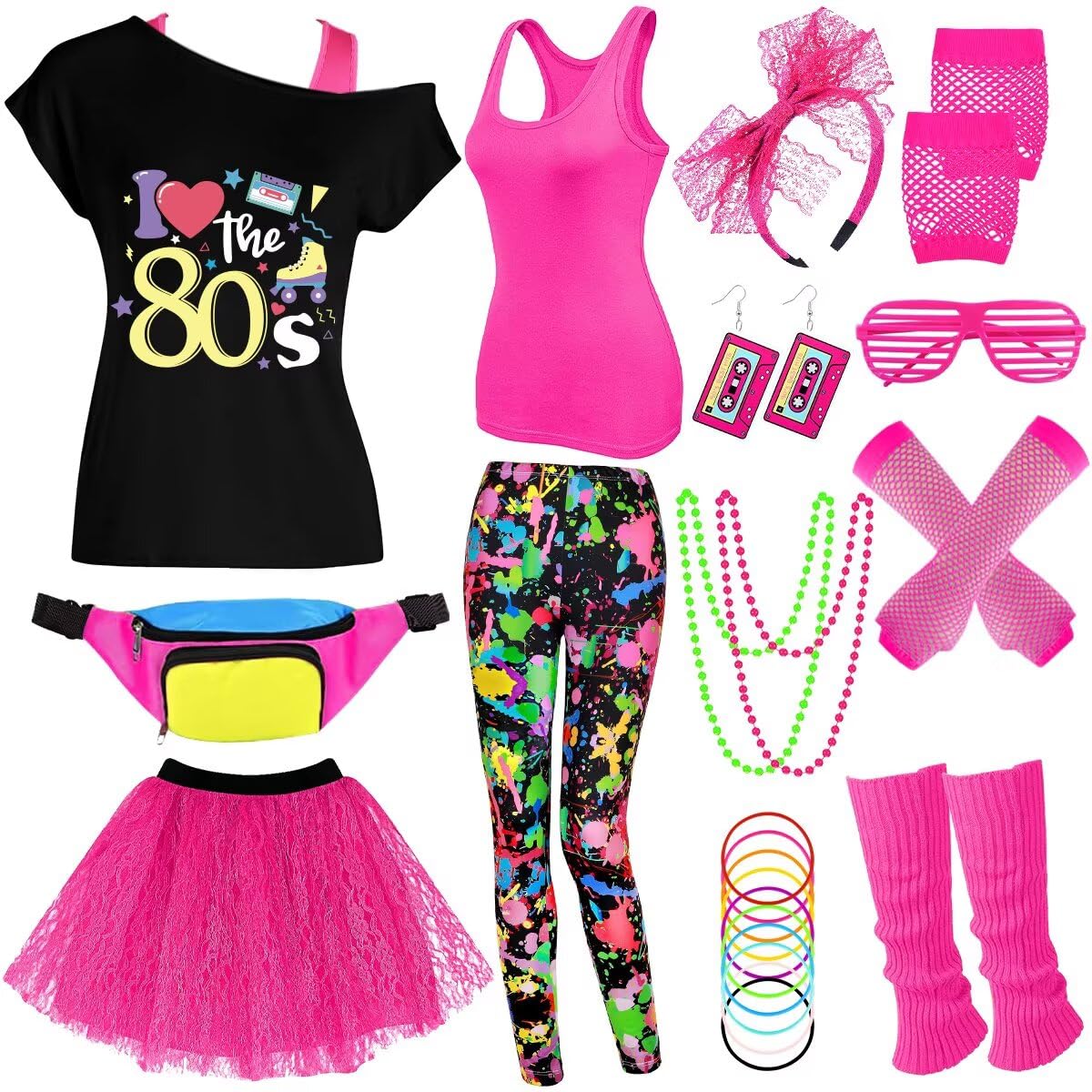 Photo 1 of **MISSING ACCESSORIES**
80s Outfit Women Costume Accessories Set, T-Shirt Tank Top Leggings Tutu Skirt Fanny Pack Headband Fishnet Gloves Legwarmers for 80s Parties, Halloween (Dxtset-80SLove-A-2XL)