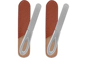 HOMEYERA Metal Nail File with Case, 2 Pack Nail Files for Natural Nails, Fingernail Files Diamond Round Tip Stainless Steel Double Sided Fine Grit Sapphire Filer with Sheath Leather Cases Travel Silver Brown