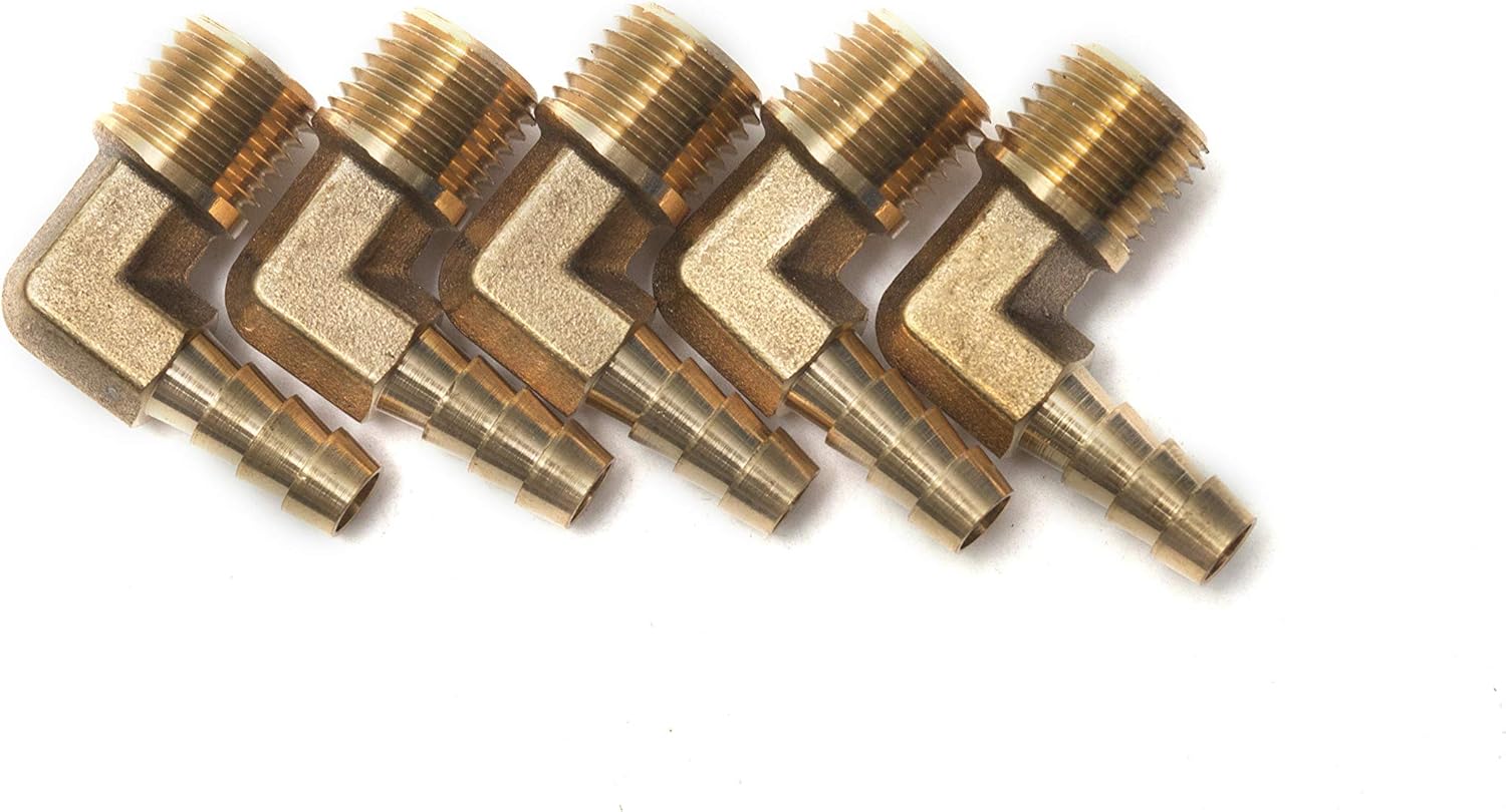 LTWFITTING 90 Deg Elbow Brass Barb Fitting 1/4-Inch Male BSPT x 6mm ID Hose(Pack of 5), 6mm ID Hose x 1/4" Male BSPT