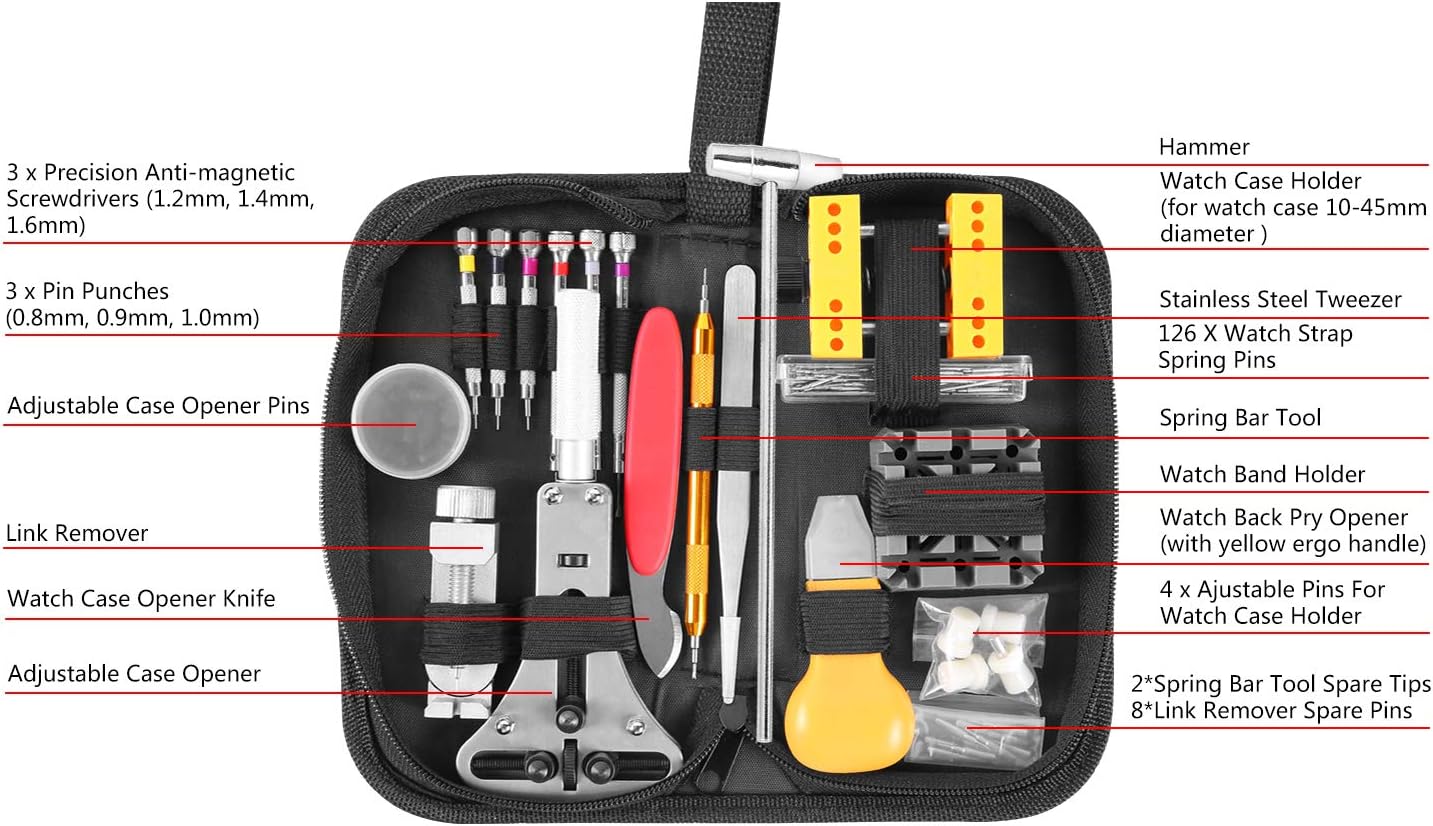 Ohuhu 174 PCS Watch Repair Tool Kit, Case Opener Spring Bar Watch Band Link Tool Set With Carrying Bag, Replace Watch Battery Helper Multifunctional Tools With User Manual For Beginner: Home Improvement