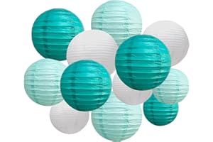 ANSOMO Teal Paper Lanterns Party Decorations Dark Light Teal Blue White Seafoam Sea Blue Baby Shower Chinese Hanging Wedding Birthday Bridal Graduation Décor Supplies 12 Pcs 12" 10" 8" 6"