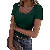 Areecin Womens Summer Tops Square Neck Cute Short Sleeve Going Out Tops Ribbed Knit Tee Tshirt