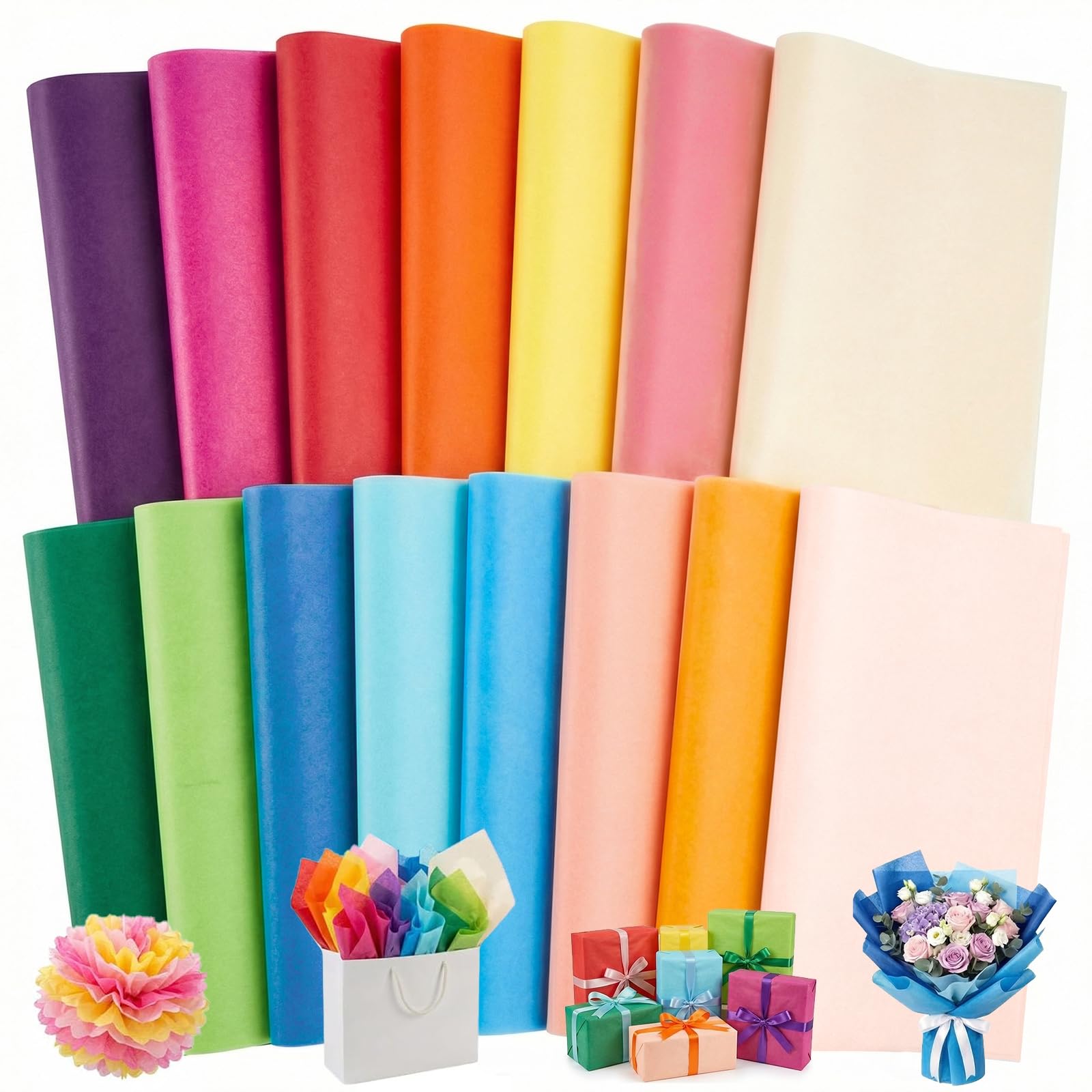 VGOODALL Tissue Paper 75 Sheets 15 Assorted Colours, 50x35cm Coloured Tissue Paper for Gift Wrapping, Crafts, Party Birthday Wedding Decorations