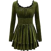 CIDER Womens Velvet Long Sleeve Smocked Waist Tiered Mini Dress