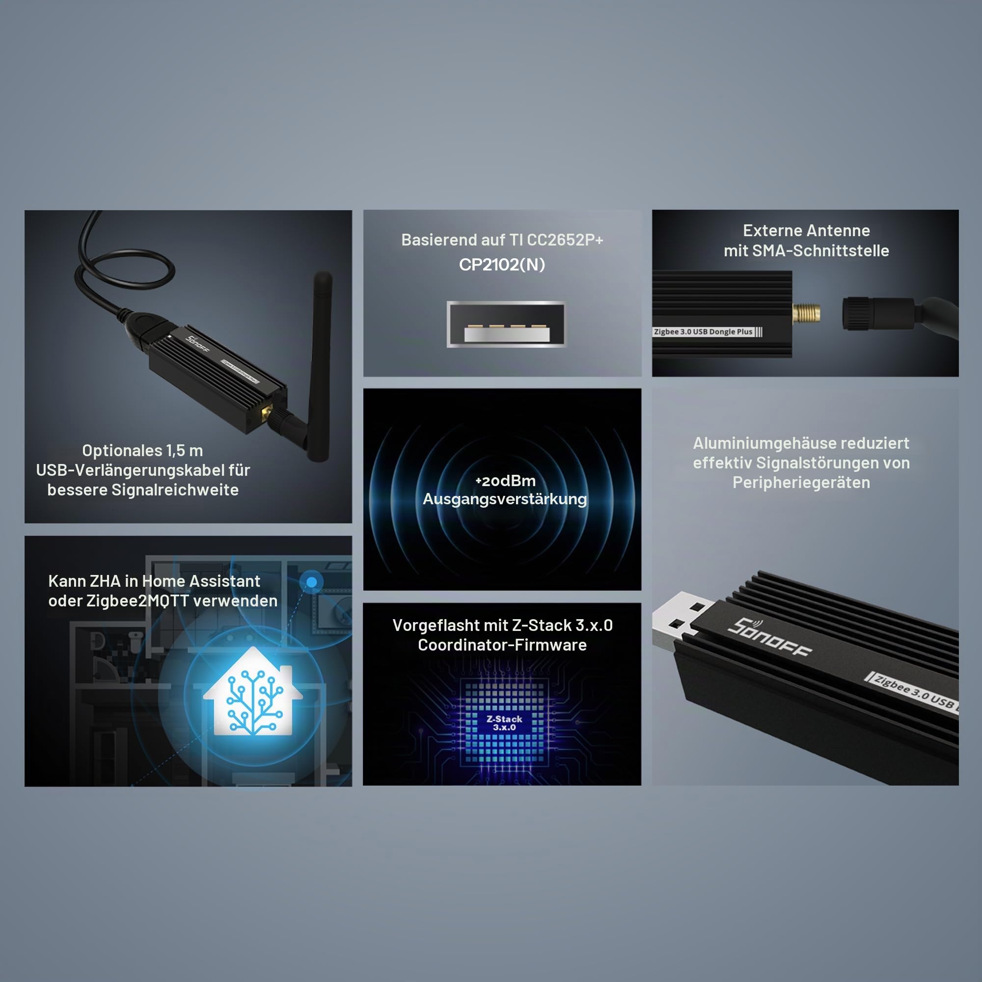 SONOFF Zigbee 3.0 USB Dongle Plus,Zigbee Gateway TI CC2652P + CP2102N Zigbee USB Stick,Zigbee Hub für ZHA in Home Assistant or Zigbee2MQTT,Open HAB etc. 3