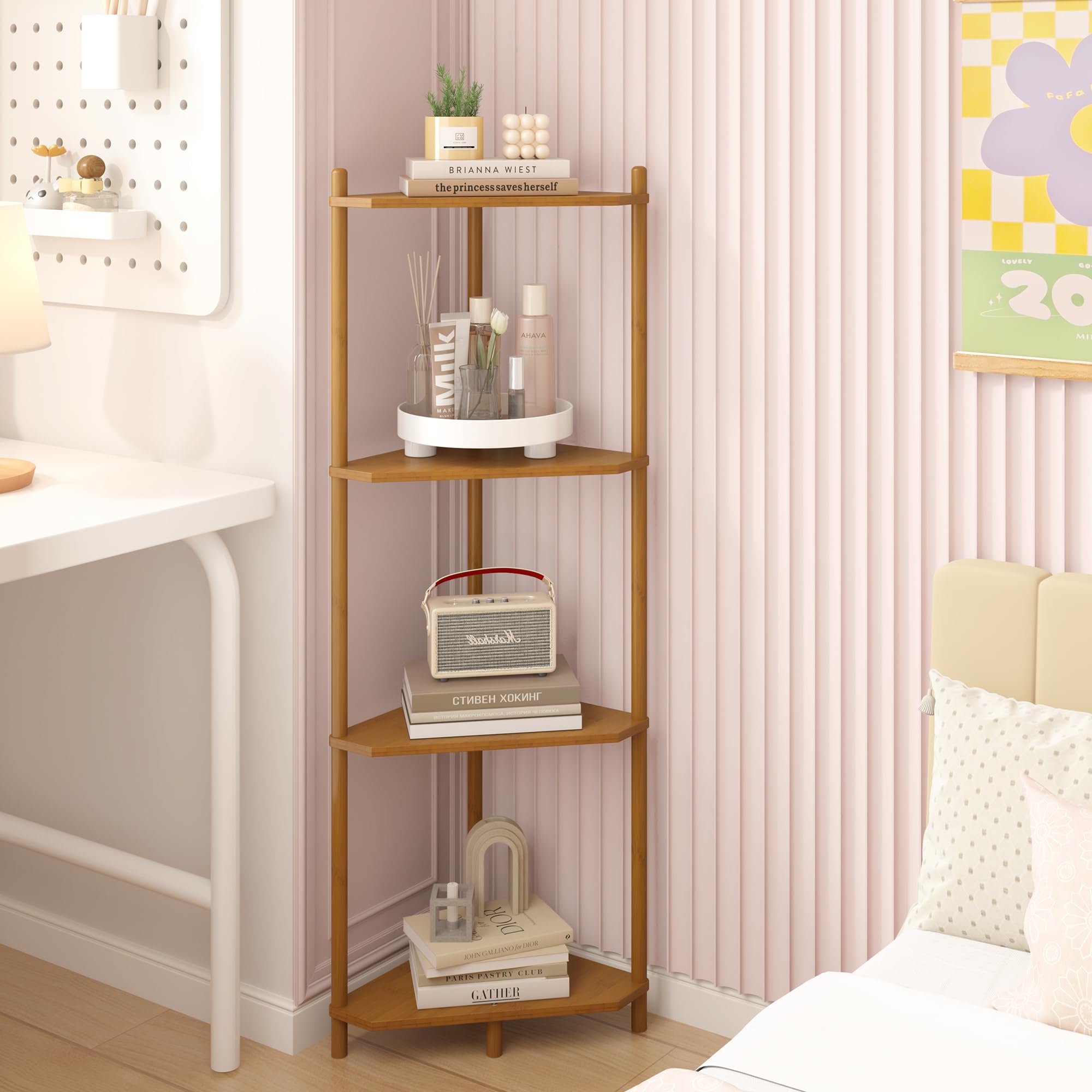 Photo 1 of Corner Shelf Stand - 4 Tier Walnut Bamboo Small Corner Bookshelf for Office Kitchen Bedroom Plant Stand Living Room Decor Small Space