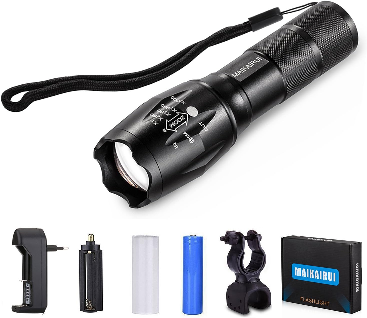 MAIKAIRUI Brightest LED Tactical Flashlight CREE XML T6-Zoomable Adjustable Focus-5 Modes 800 Lumens-Water Resistant Outdoor Torch. Rechargeable 18650 Lithium Ion Battery +Charger+Bike Holder