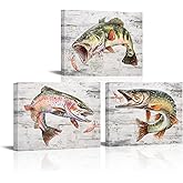 KREATIVE ARTS Marine Life Canvas Wall Art - 12x16 Inch Set of 3, Featuring Largemouth Bass, Rainbow Trout, Northern Pike - Modern Abstract Fish Paintings for Living Room, Bedroom, Bathroom Decor