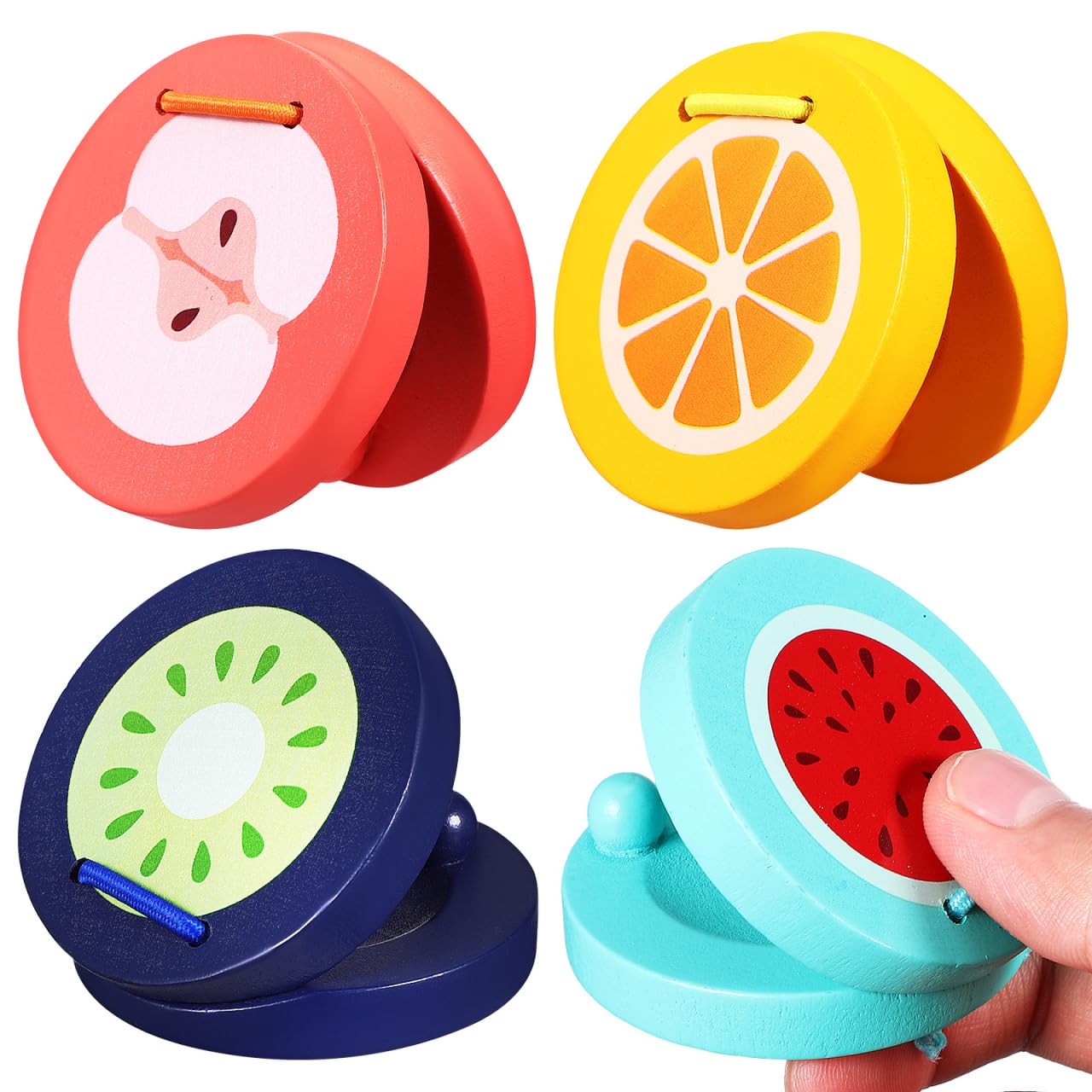 Vaguelly Wooden Castanets 4Pcs Finger Instruments with Cartoon Fruit Design for Kids Educational Music Play