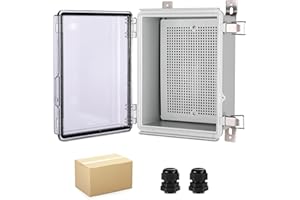 FlyGeneral Junction Box,8.6"×6.7"×4.3"Hinged Cover Stainless Steel Latch Electrical Box,IP67 Waterproof ABS Plastic Box with Mounting Plate,Glands.Transparent