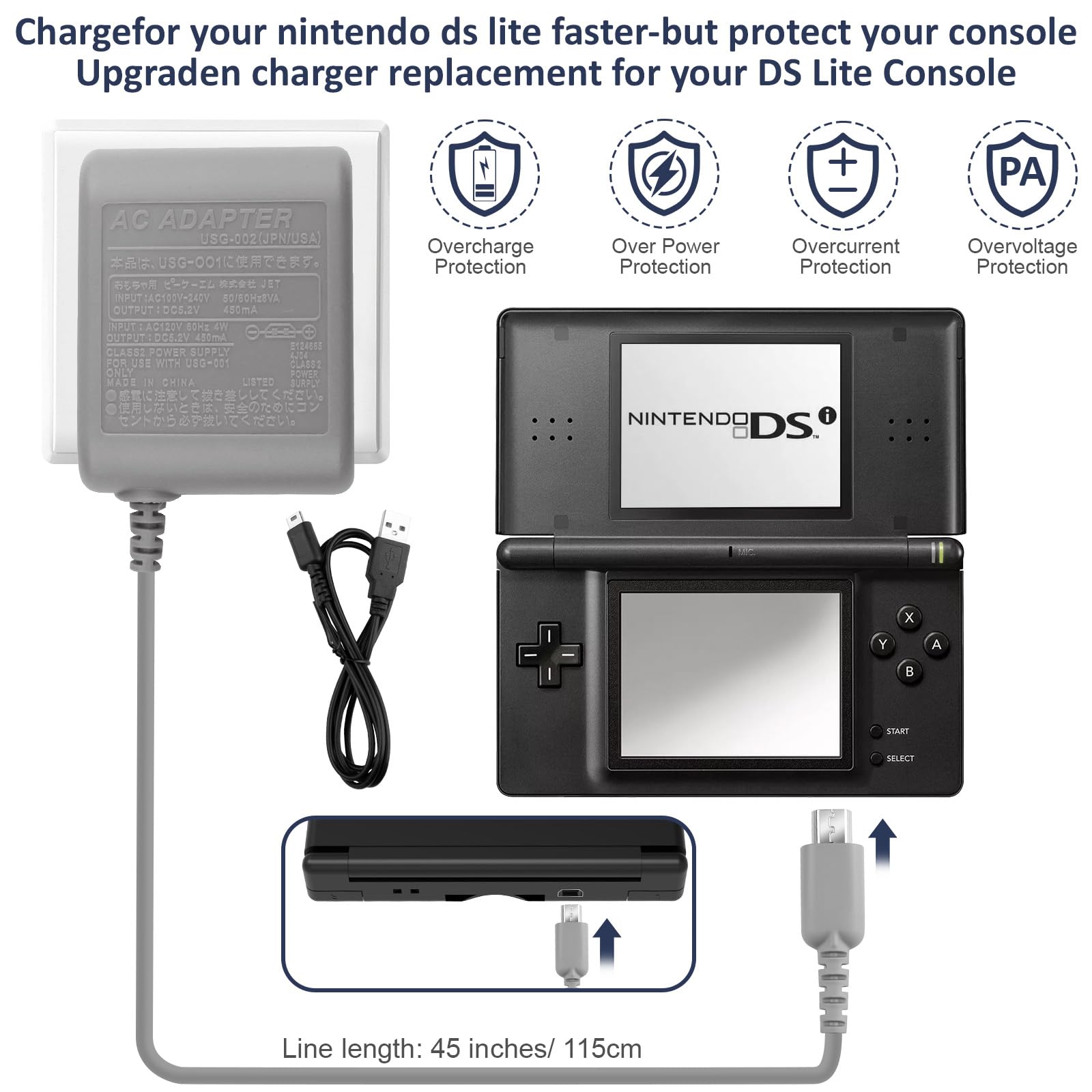 DS Lite Charger,Compatible with Nintendo DS Lite 100-240V Wall Plug Adapter, with USB Charging Cable for Nintendo DS Lite