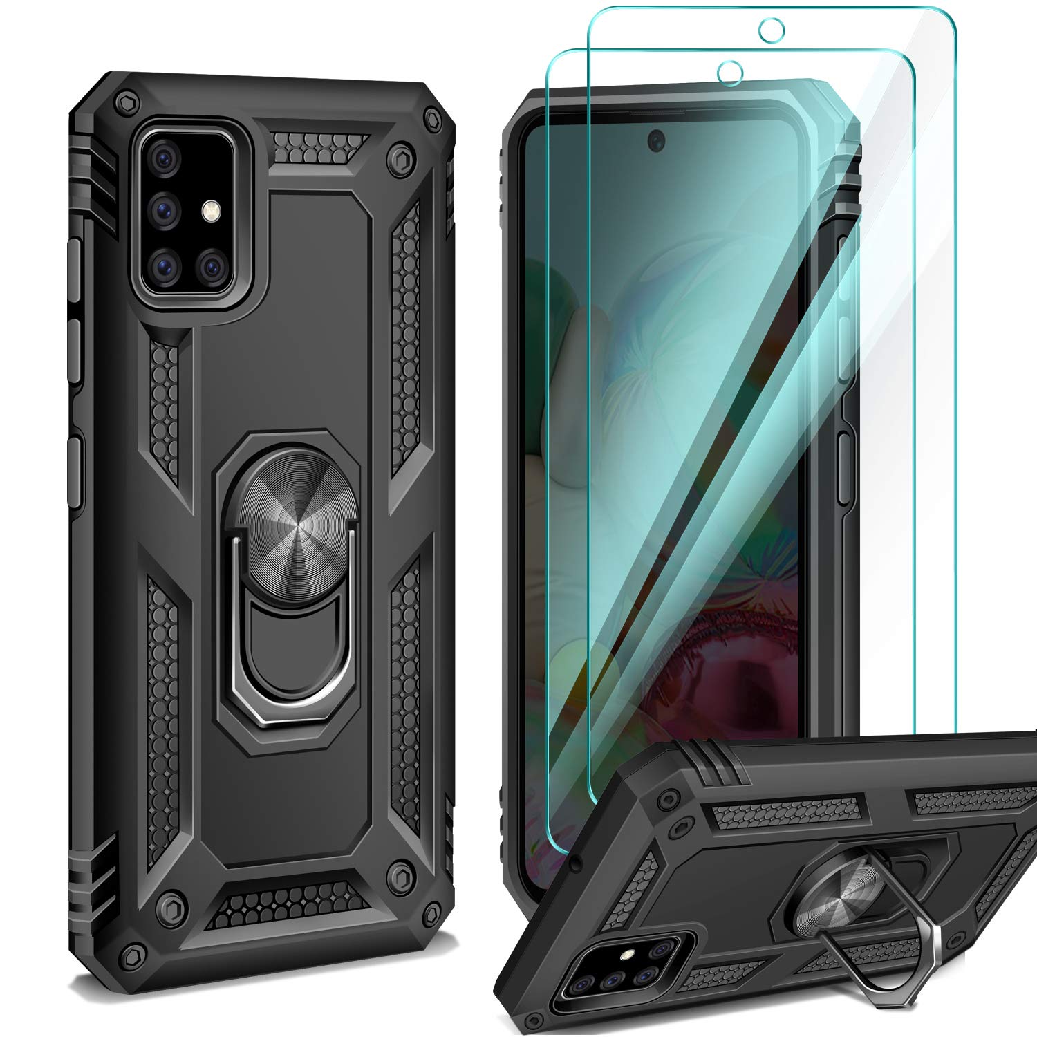AROYI Samsung Galaxy A71 Case with [2 pack] Screen Protector, 360 degree rotated Ring Holder, Silicone TPU + Hard PC Outer Shell 2 in 1 Double Layer Shockproof Cover For Samsung Galaxy a71 - Black