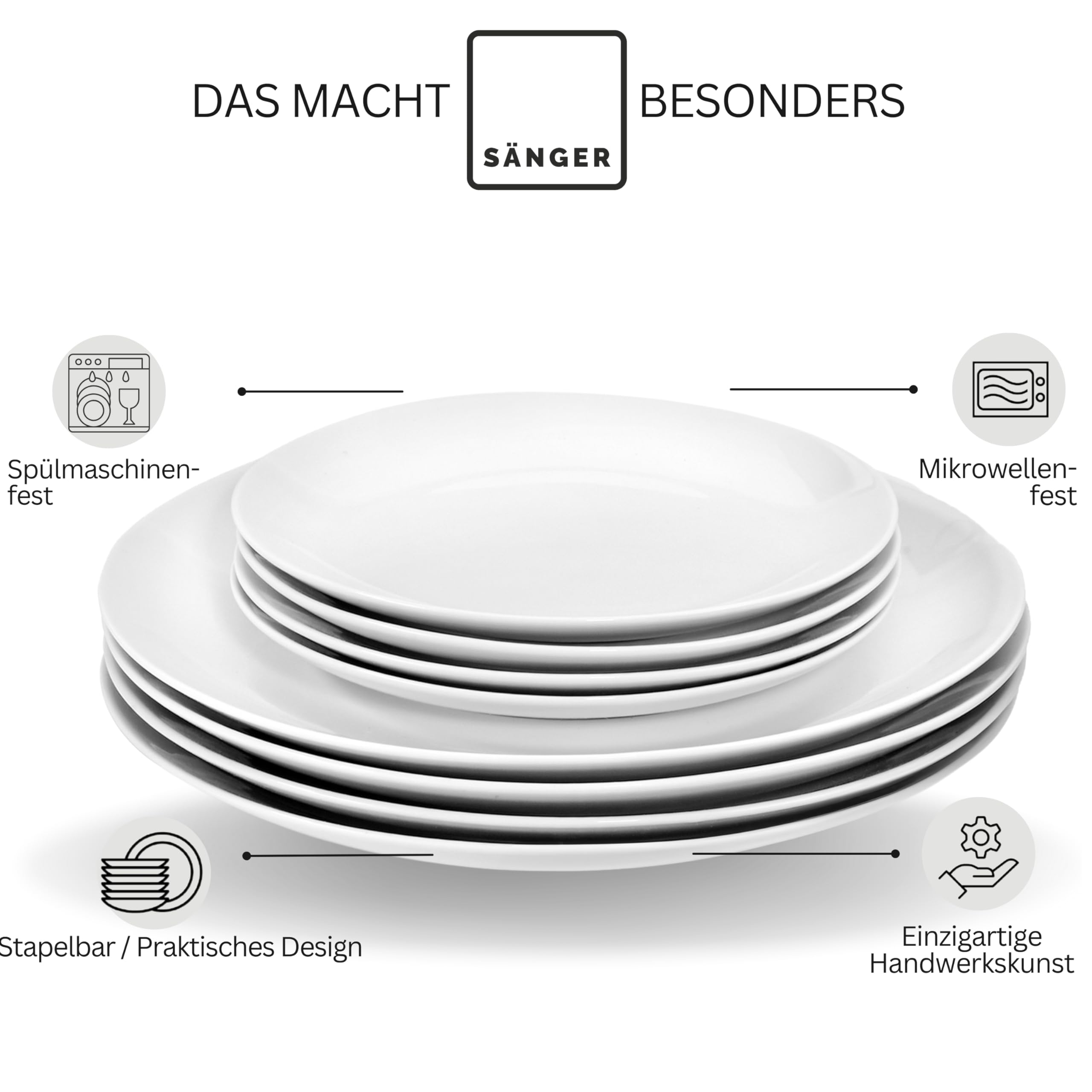 SÄNGER | Tafelservice New Port weiß, 18-teiliges Geschirrset für 6 Personen aus Porzellan, Hochzeitsteller, Speiseteller, Suppenteller | PREMIUM COLLECTION 4