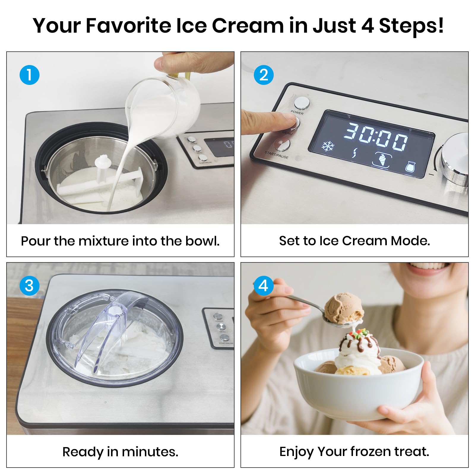 Máquina para hacer helados Gasbye con compresor mejorado, [congelación 40% más rápida], no necesita precongelación, pantalla LED, capacidad de 2.1 cuartos, fácil operación para helados y yogures, acero inoxidable