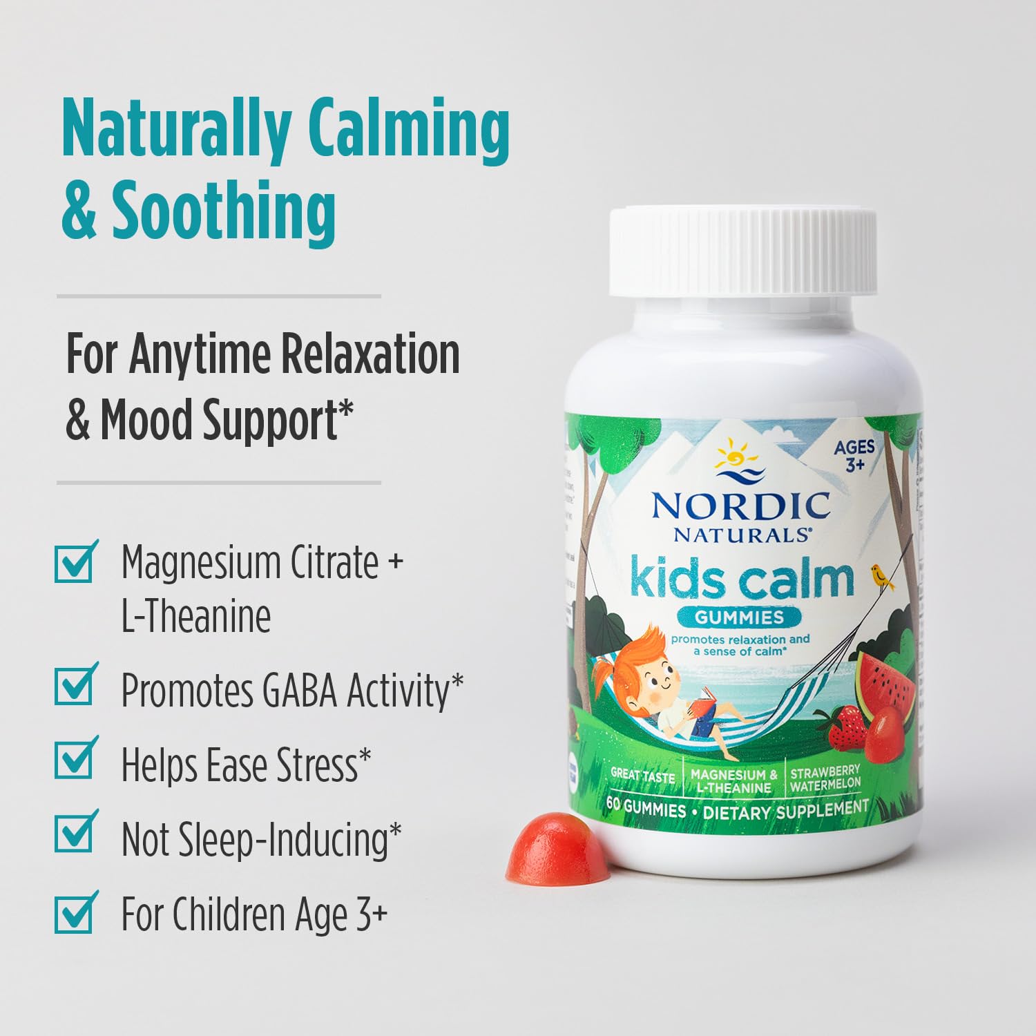 Nordic Naturals Kids Calm Gummies - Strawberry Watermelon - 60 Gummies - Magnesium L-Theanine Supplement - Calming for Kids - Relaxation Support - Up to 60 Servings