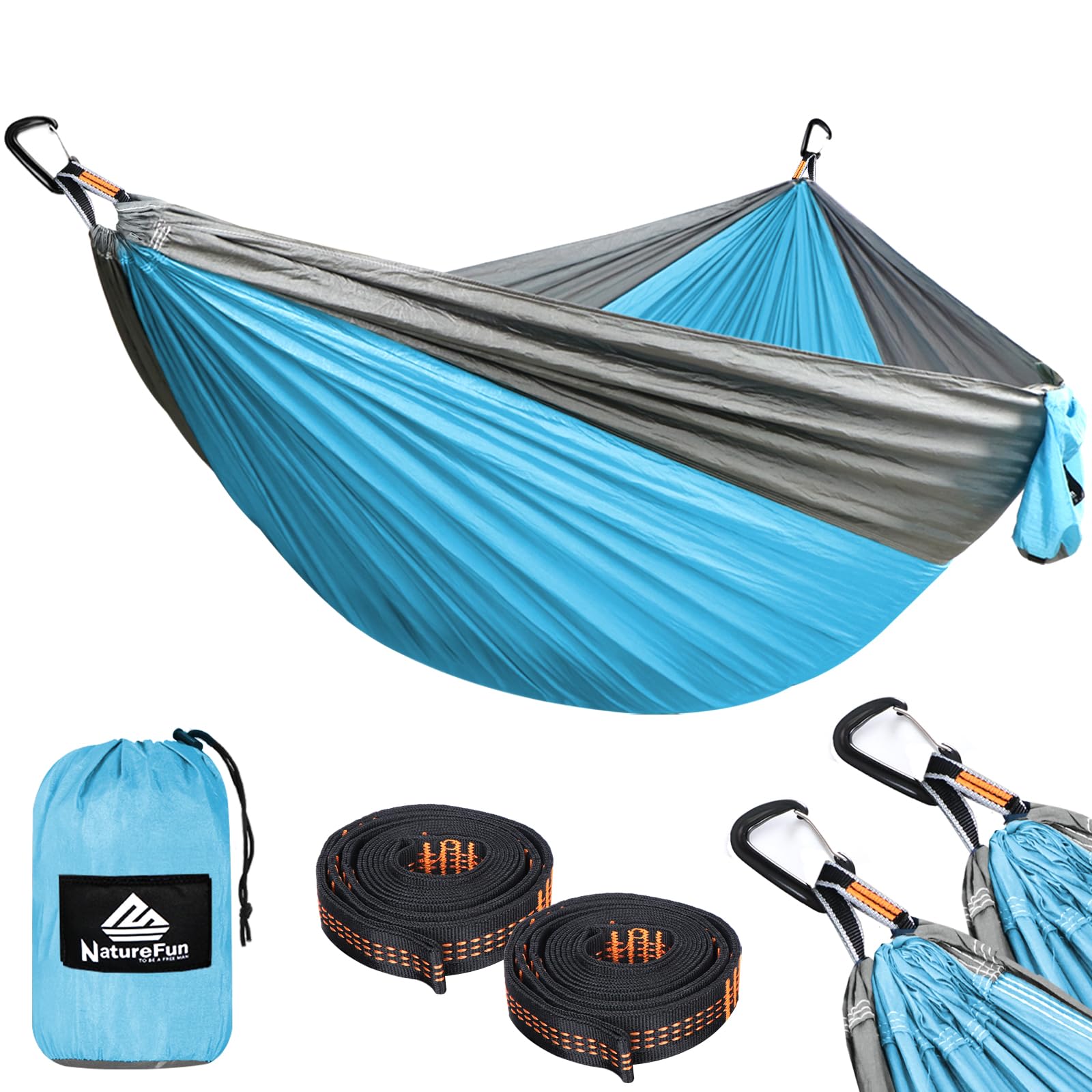 NATUREFUN Ultra-Light Travel Camping Hammock | 300kg Load Capacity,(300 x 200 cm) Breathable,Quick-drying Parachute Nylon | 2 x Premium Carabiners,2 x Nylon Slings Included | For Outdoor Indoor Garden