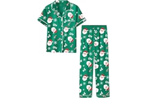Umeyda Girls Womens Pajamas Set, Satin Silky Button Down Loungewear 2 Piece Short Sleeve Pants PJS Sets for Mommy Kids