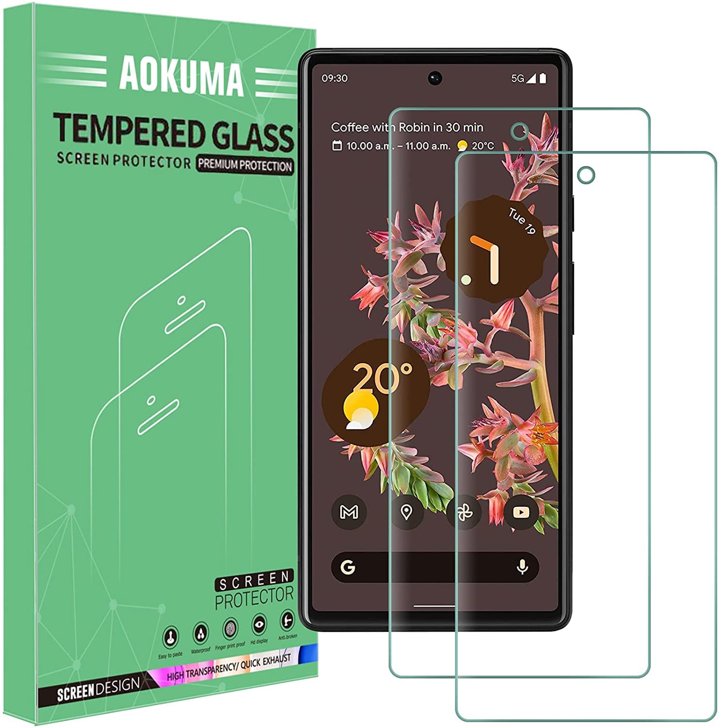 AOKUMA Google Pixel 6 Tempered Glass Screen Protector, [2 Pack] Premium Quality Guard Film, Case Friendly, Shatterproof, Shockproof, Scratchproof oilproof
