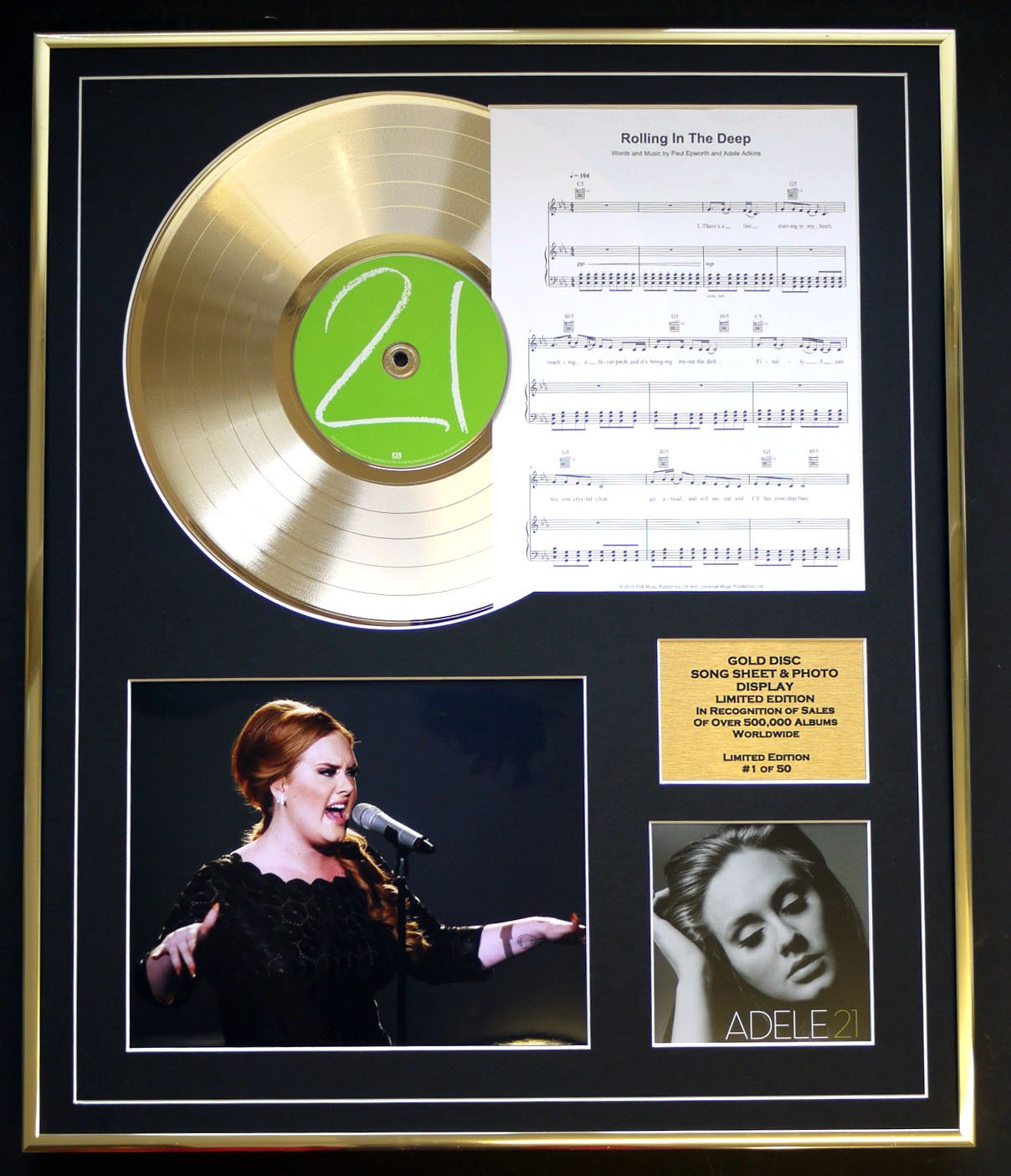 ADELE/CD GOLD DISC, SONG SHEET & PHOTO DISPLAY/LTD. EDITION/COA/ALBUM 21/SONG SHEET ROLLING IN THE DEEP