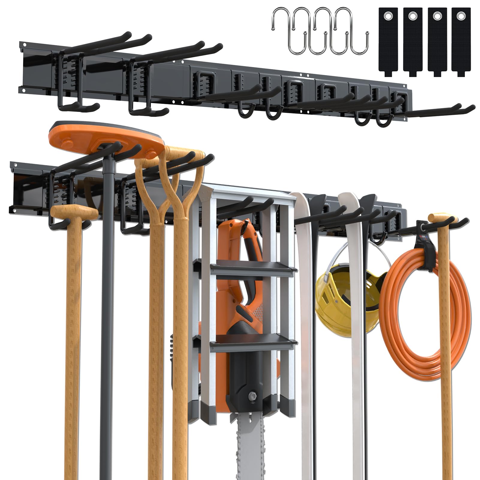 3-H Tool Hangers for Garage Wall 48 Inch 3 Metal Rails, Garage Wall Hooks 10 Pack, Garden Tool Organizer for Hanging & Organizing Garden Tools, Chair, Yard, Shovel, Rake, Broom, Trimmer, Hose.
