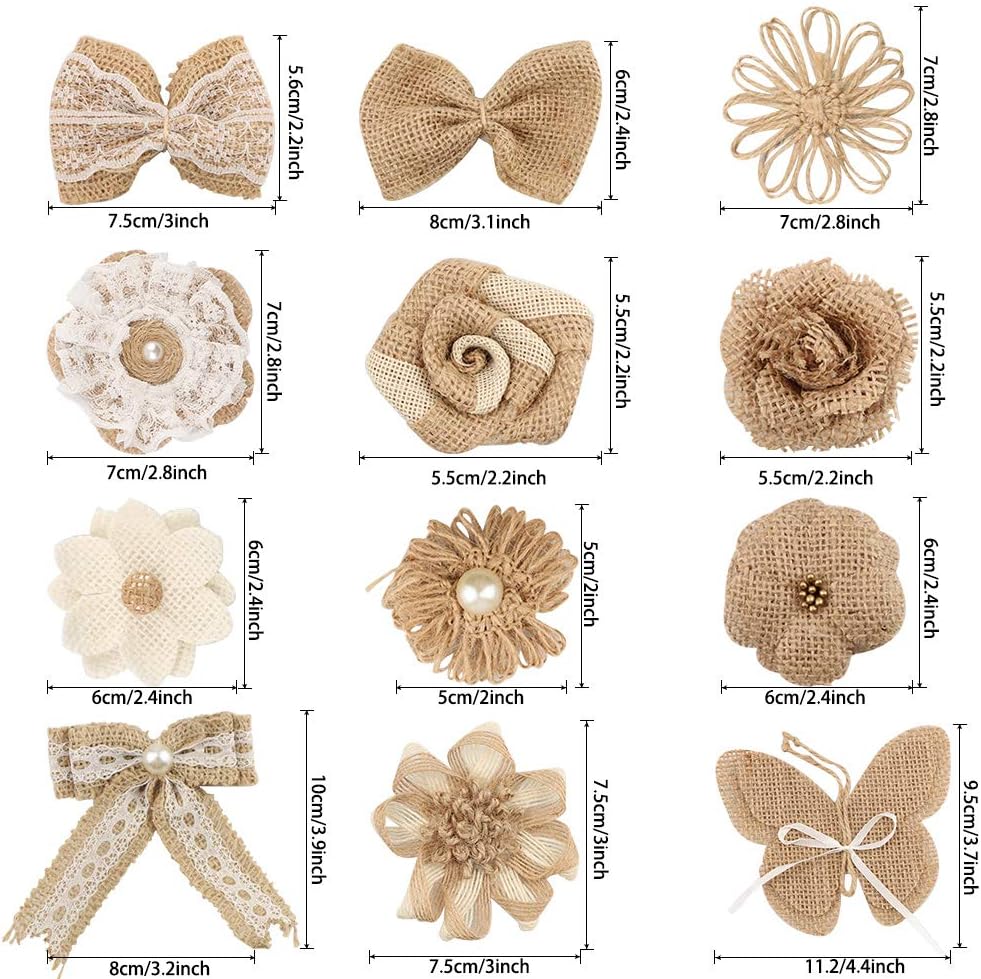 GUIFIER Burlap Hessian Flowers Set, 24 Burlap Flowers, 5 Lace Ribbon Rolls, 1 Twine Ribbon - Image 3