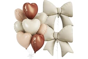 FUNHOT Brown Cream Heart Balloons, Foil Bow Balloons, 10Pcs 18 Inch Sand White Apricot Heart Shaped Balloon and 38 Inch Helium Cream Bow Balloon for Birthday Baby Shower Valentines Wedding Party Decor