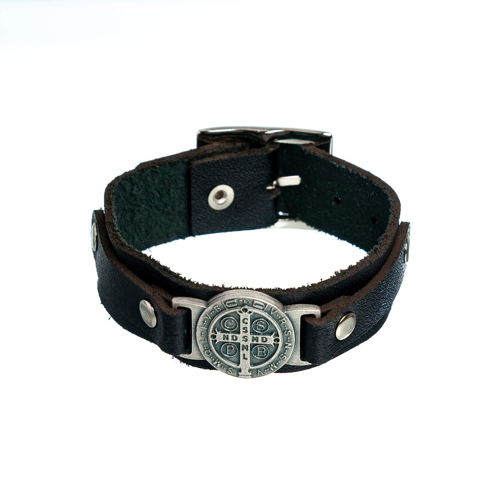 Intercession St Benedict Genuine Leather Protection Bracelet - Made in Brazil, L, Wood, no gemstone