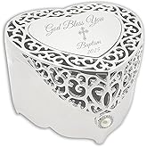 Cherished Moments Baptism Gift for Girls Jewelry Keepsake Box with Heart-Shaped Filigree Design and Engraved Cross, Silver Toned