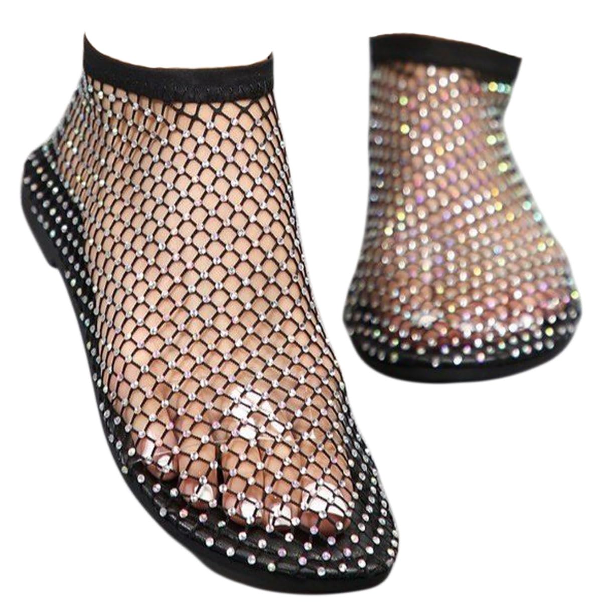 Photo 1 of Yoeuxet Ultra Comfortable Mesh Flats for Women Fishnet Sandals Low Heel Slip on Rhinestone Shoes (12, Black)