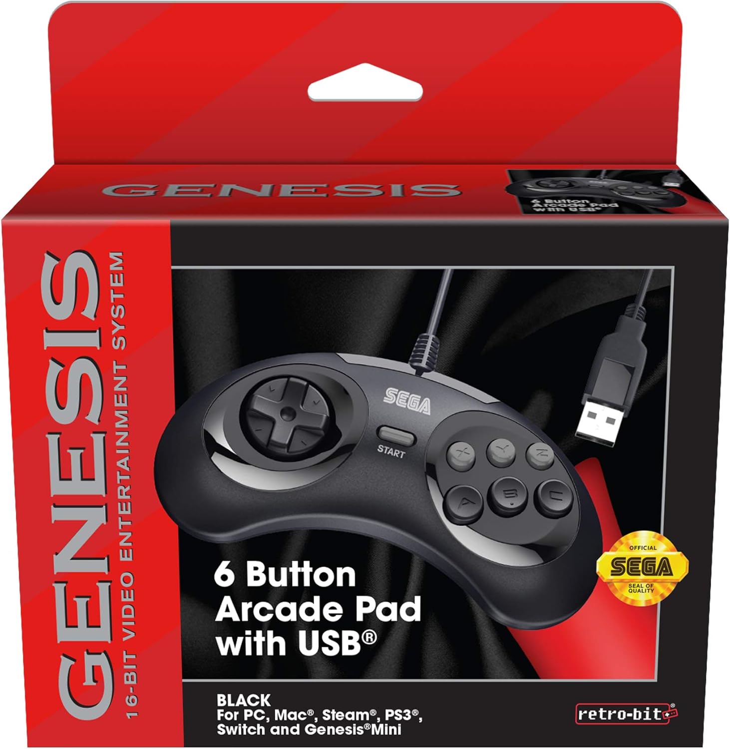 Retro-Bit Official Sega Genesis USB Controller 6-Button Arcade Pad for Sega Genesis Mini, PS3, PC, Mac, Steam, Switch - USB Port - (Black): Electronics
