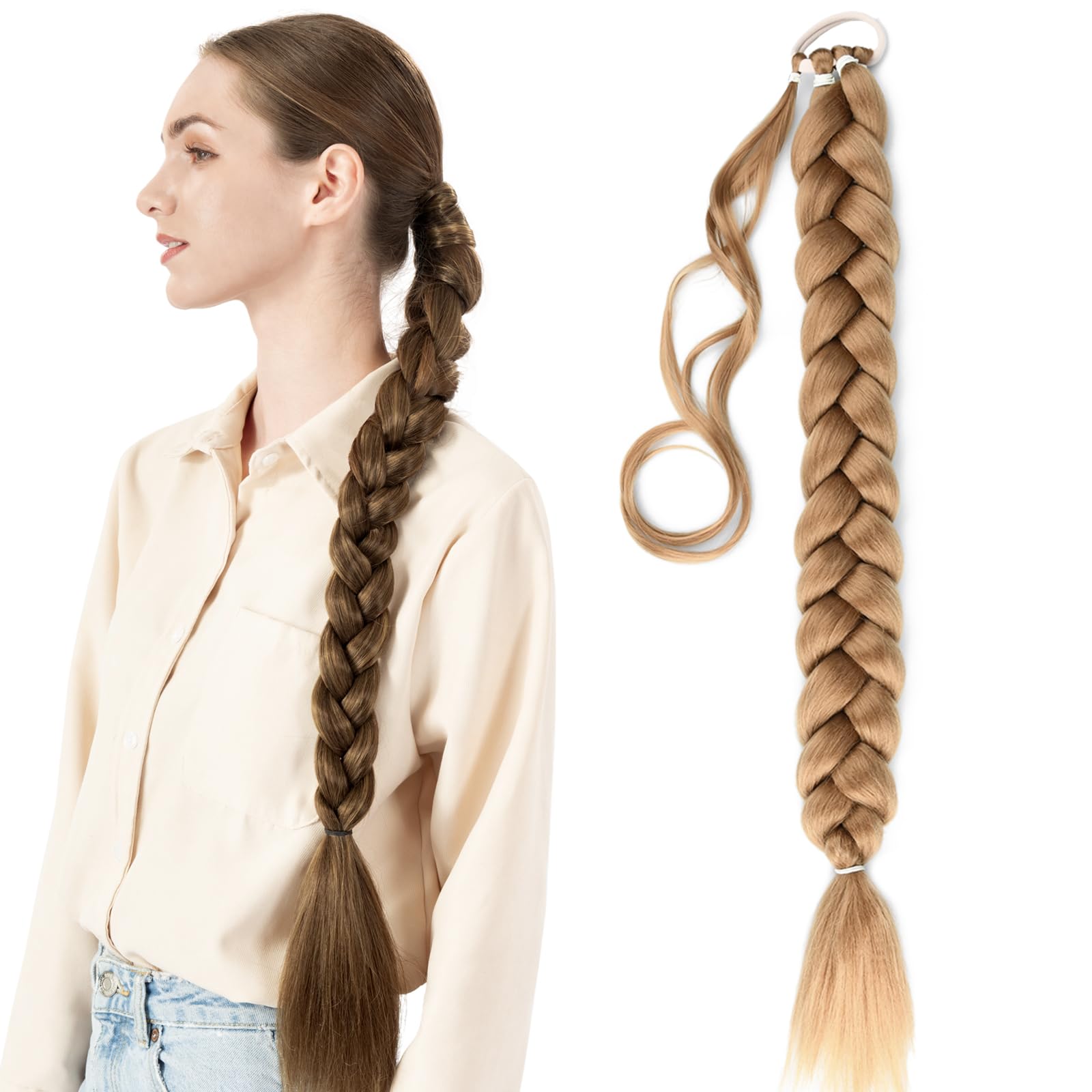 BOBIYA Long Braided Ponytail Extension 30 Inch Pre stretched Braiding Hair Extensions DIY Braid Ponytail Natural Soft Ponytails (Strawberry Blonde)