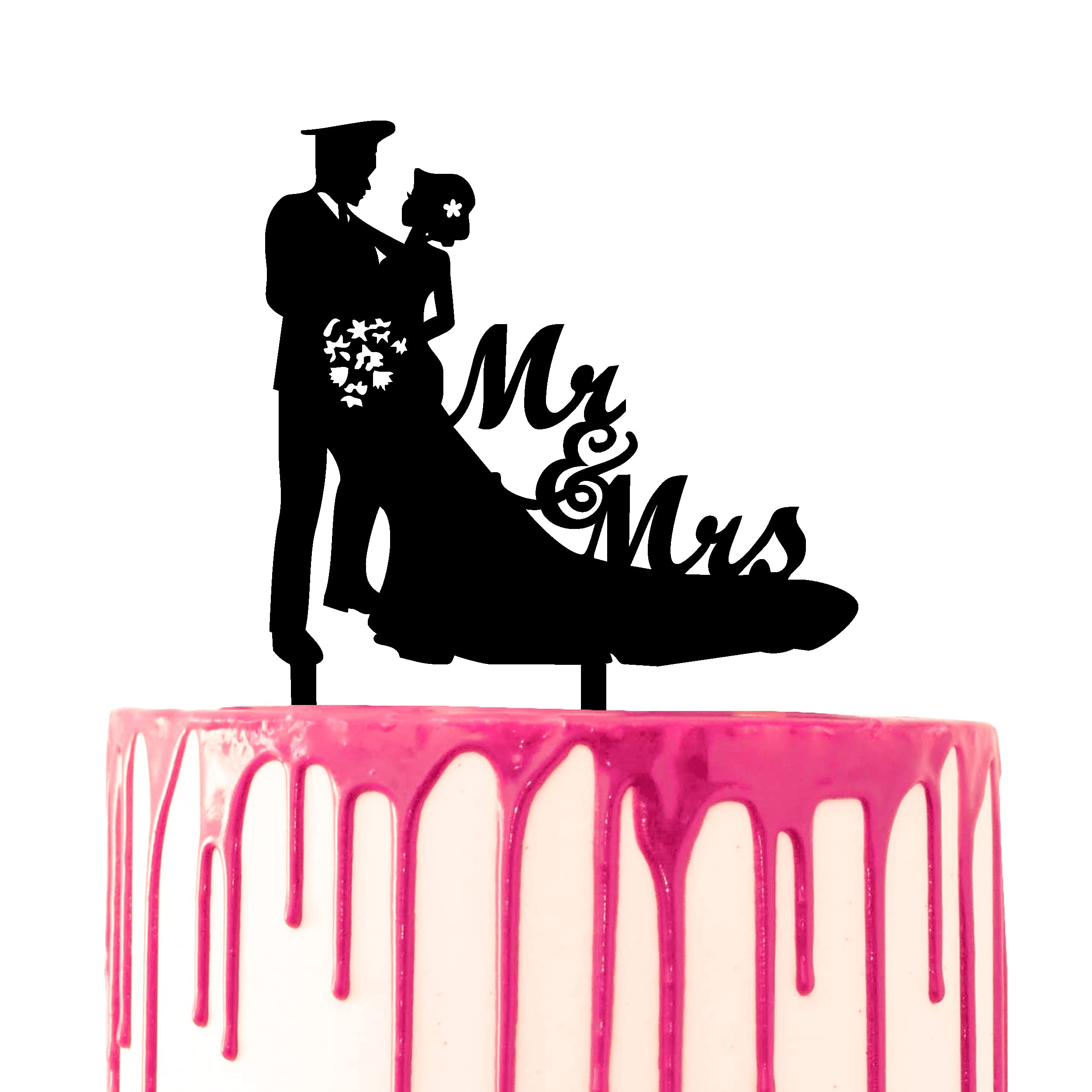 CARISPIBET cake topper groom in uniform hugging bride holding flower bouquet Mr & Mrs script on the side acrylic silhouette