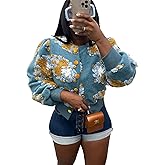 BQDCQB Womens Cropped Floral Print Jacket Warm Fleece Bomber Jacket Casual Button Down Coats Fall Puff Outerwears